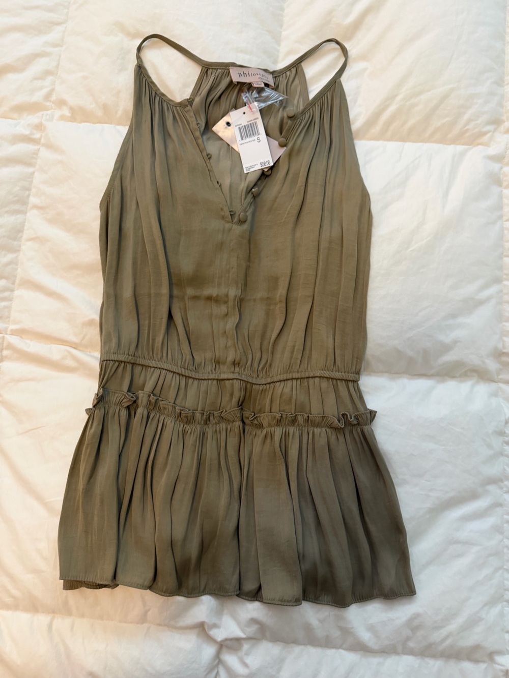 Philosophy Olive Green Pleated Silk Tank Top